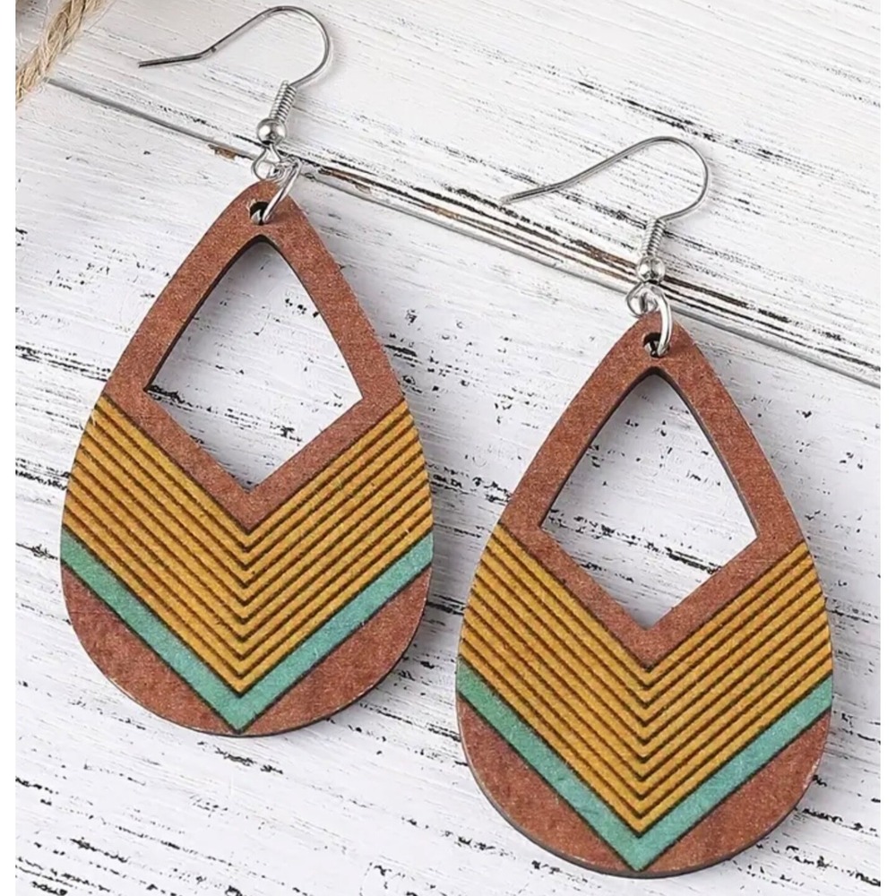 Retro Yellow & Teal Chevron Wood Teardrop‎ Earrings
